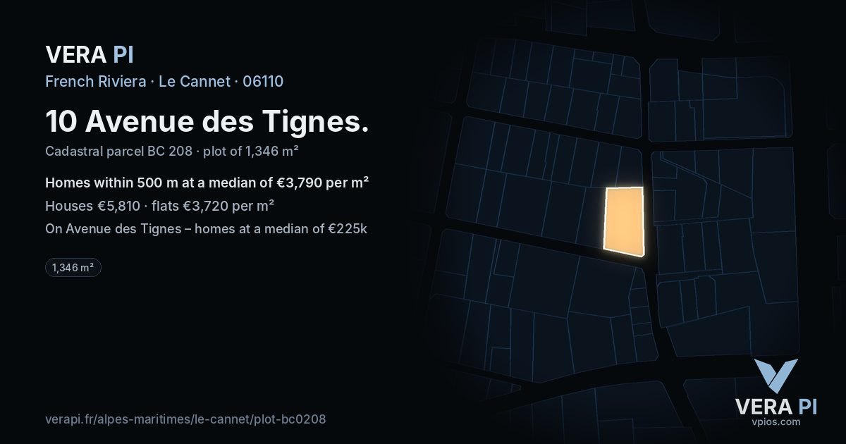 10 Avenue des Tignes, Le Cannet at night – the plot lit, the parcels around coloured by the prices near them