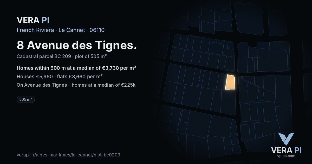 8 Avenue des Tignes, Le Cannet at night – the plot lit, the parcels around coloured by the prices near them