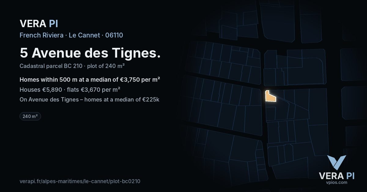 5 Avenue des Tignes, Le Cannet at night – the plot lit, the parcels around coloured by the prices near them