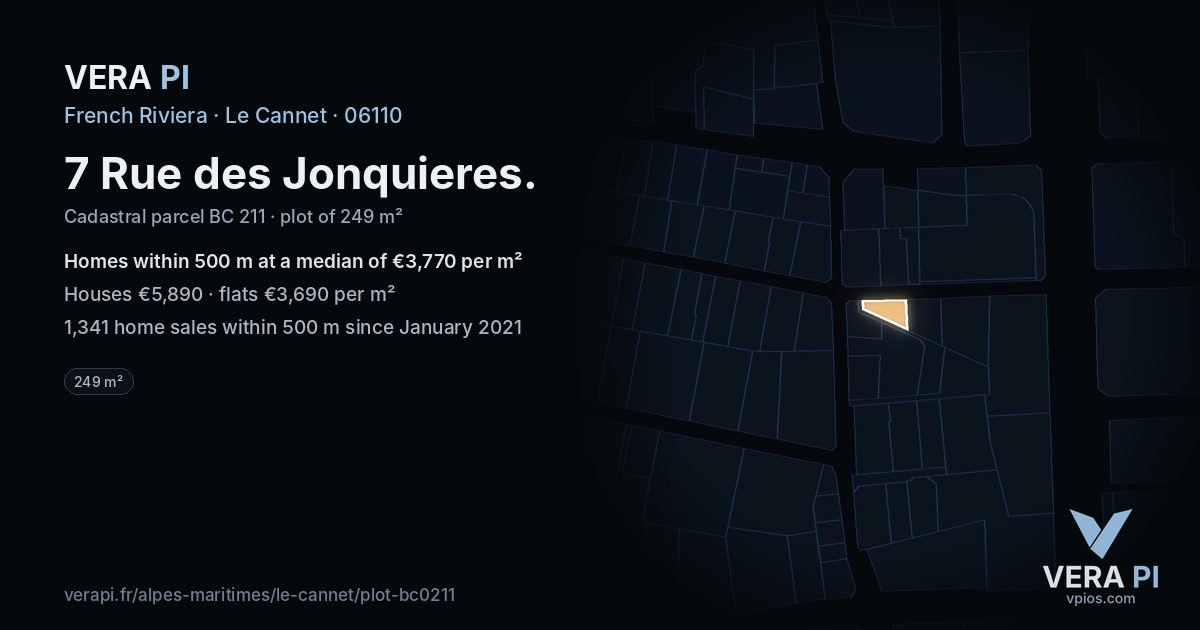 7 Rue des Jonquieres, Le Cannet at night – the plot lit, the parcels around coloured by the prices near them