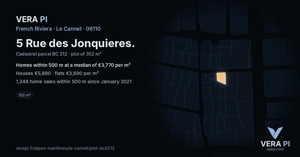5 Rue des Jonquieres, Le Cannet at night – the plot lit, the parcels around coloured by the prices near them
