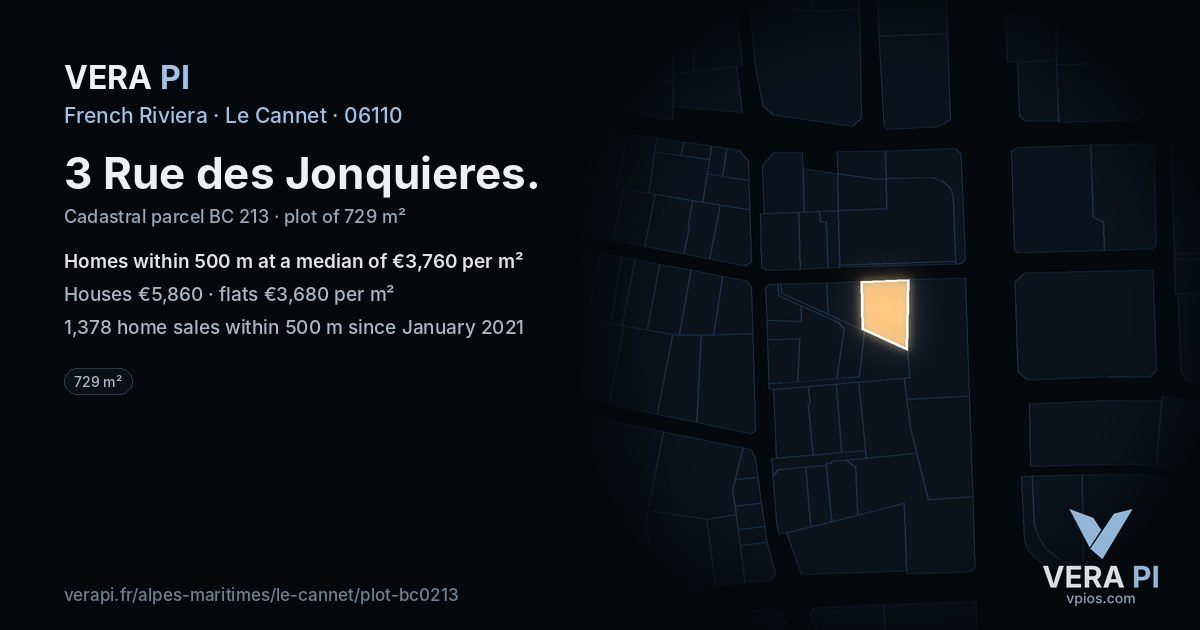 3 Rue des Jonquieres, Le Cannet at night – the plot lit, the parcels around coloured by the prices near them
