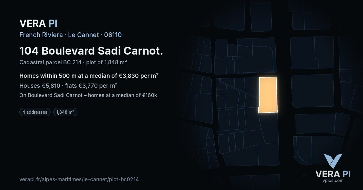 104 Boulevard Sadi Carnot, Le Cannet at night – the plot lit, the parcels around coloured by the prices near them