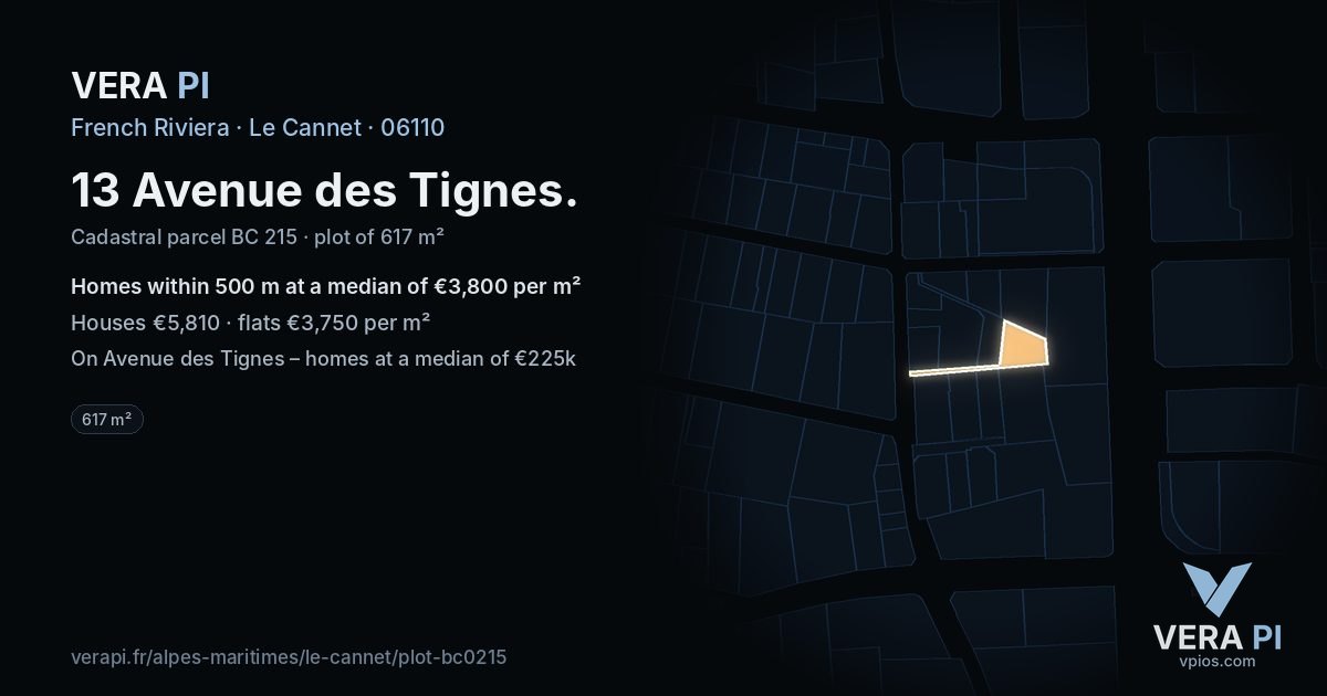 13 Avenue des Tignes, Le Cannet at night – the plot lit, the parcels around coloured by the prices near them
