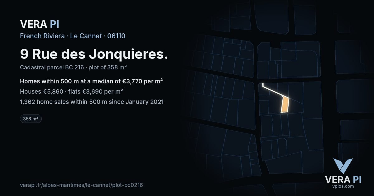 9 Rue des Jonquieres, Le Cannet at night – the plot lit, the parcels around coloured by the prices near them