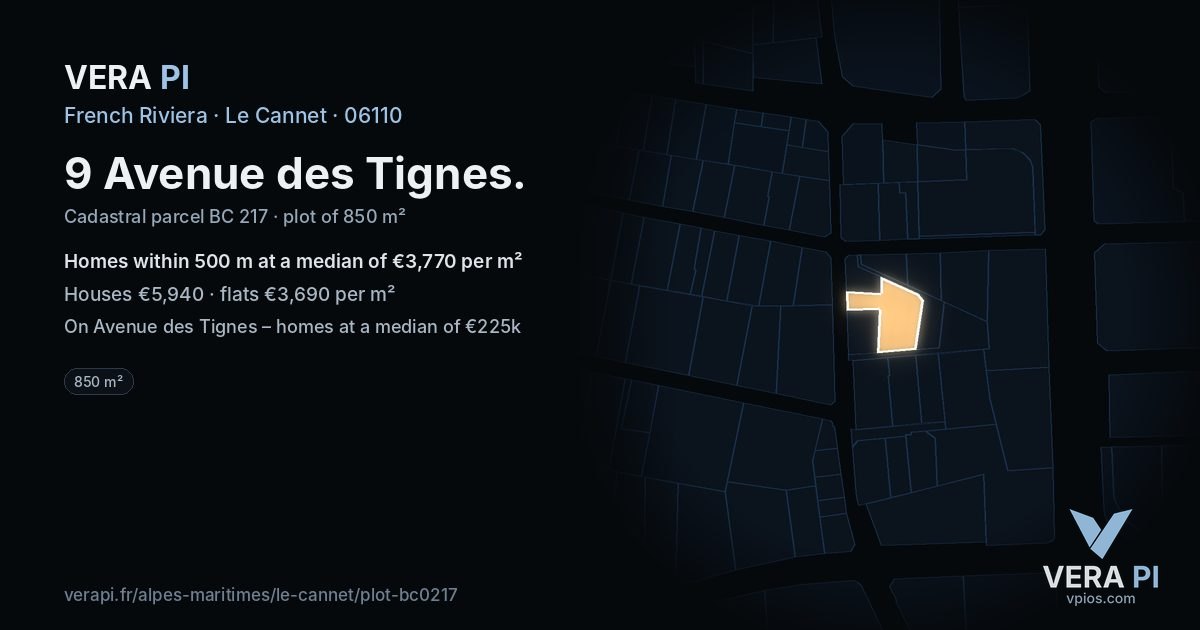 9 Avenue des Tignes, Le Cannet at night – the plot lit, the parcels around coloured by the prices near them