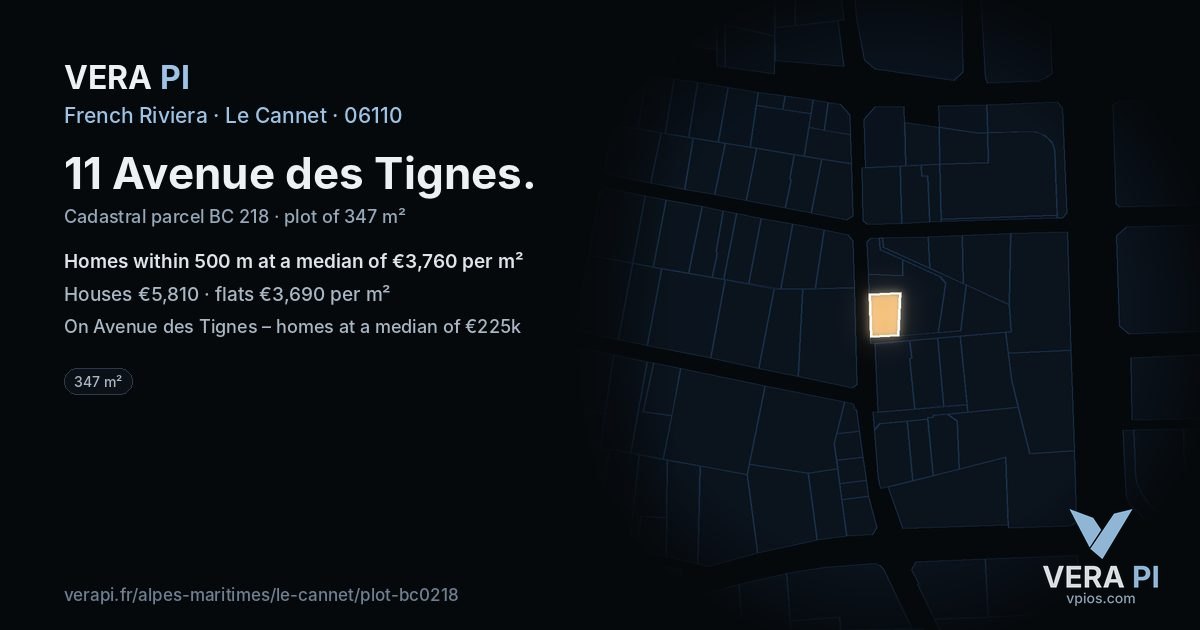 11 Avenue des Tignes, Le Cannet at night – the plot lit, the parcels around coloured by the prices near them