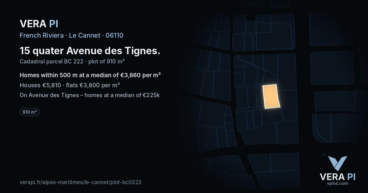 15 quater Avenue des Tignes, Le Cannet at night – the plot lit, the parcels around coloured by the prices near them