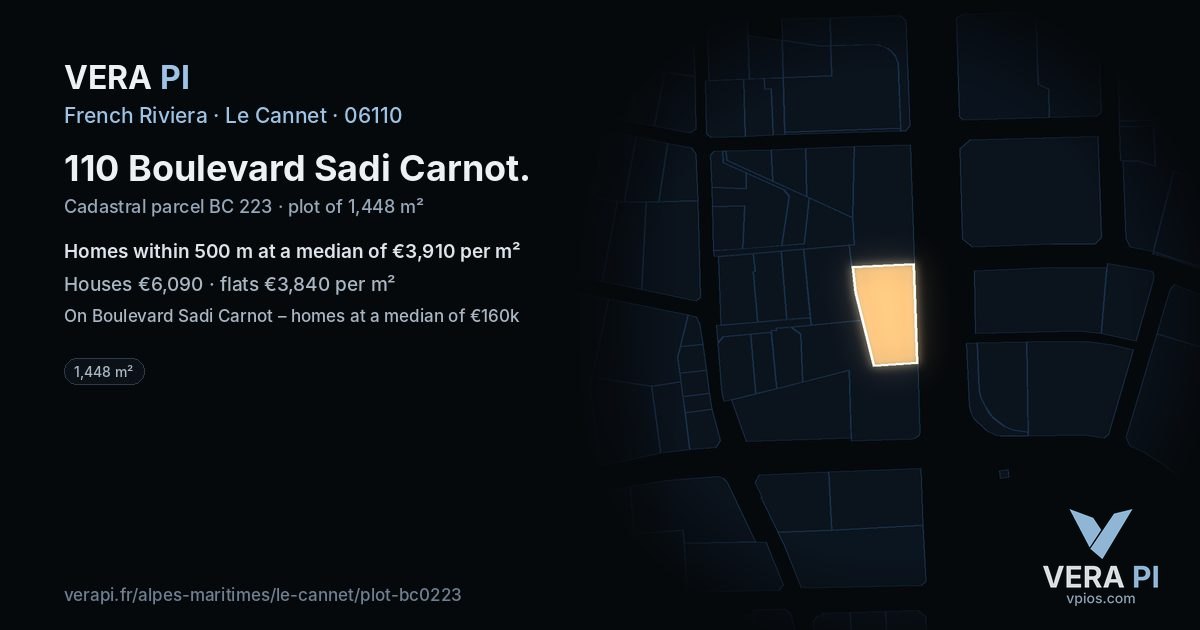 110 Boulevard Sadi Carnot, Le Cannet at night – the plot lit, the parcels around coloured by the prices near them