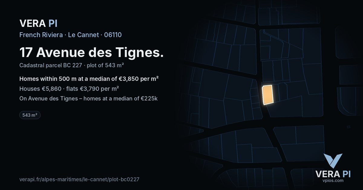 17 Avenue des Tignes, Le Cannet at night – the plot lit, the parcels around coloured by the prices near them