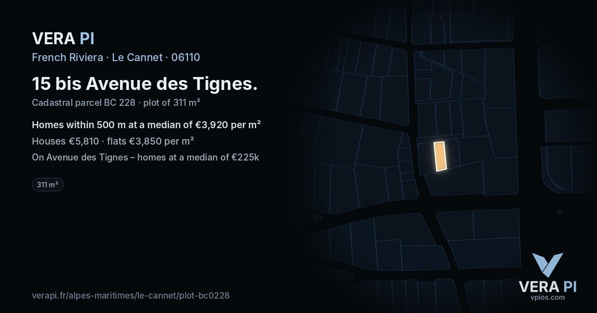 15 bis Avenue des Tignes, Le Cannet at night – the plot lit, the parcels around coloured by the prices near them
