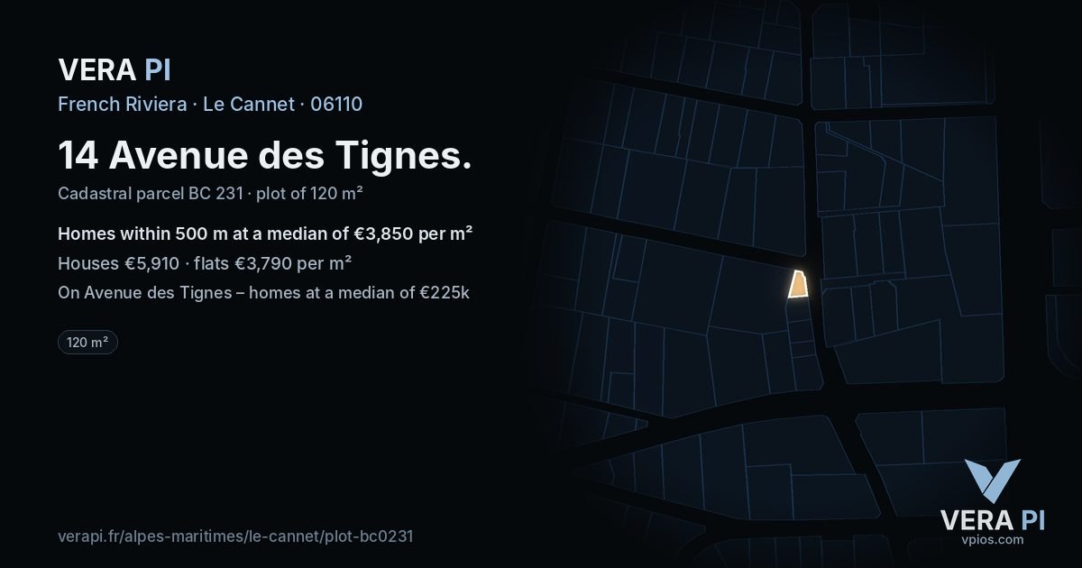 14 Avenue des Tignes, Le Cannet at night – the plot lit, the parcels around coloured by the prices near them