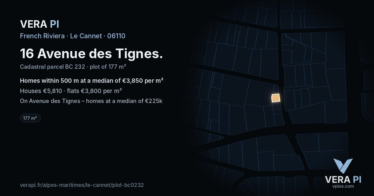 16 Avenue des Tignes, Le Cannet at night – the plot lit, the parcels around coloured by the prices near them