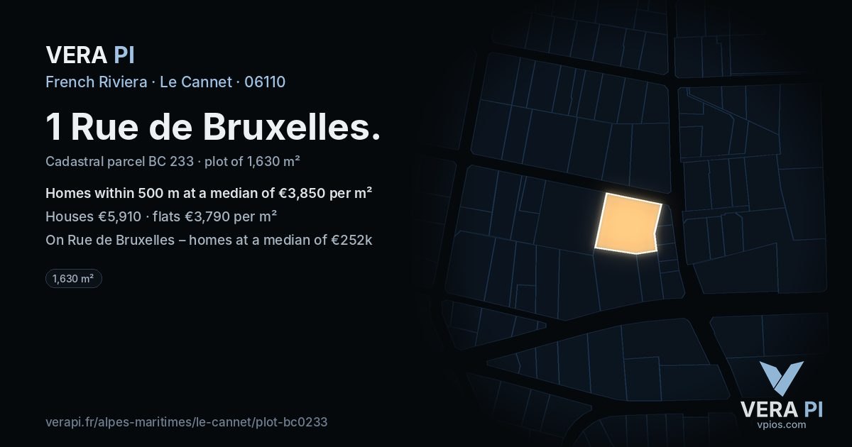 1 Rue de Bruxelles, Le Cannet at night – the plot lit, the parcels around coloured by the prices near them