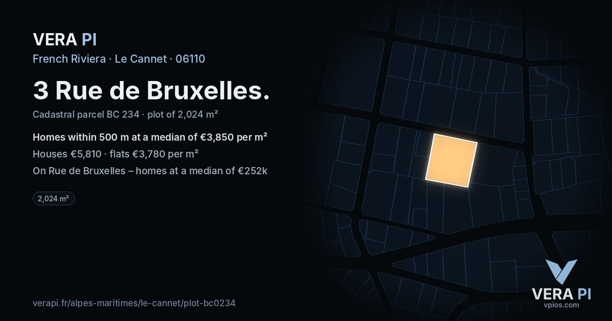 3 Rue de Bruxelles, Le Cannet at night – the plot lit, the parcels around coloured by the prices near them