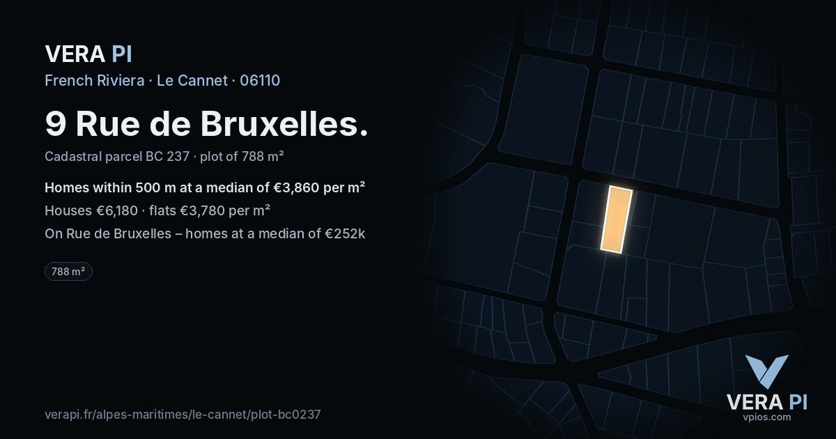 9 Rue de Bruxelles, Le Cannet at night – the plot lit, the parcels around coloured by the prices near them