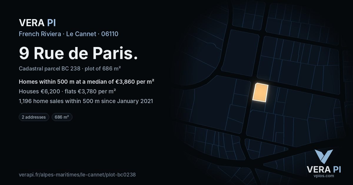 9 Rue de Paris, Le Cannet at night – the plot lit, the parcels around coloured by the prices near them