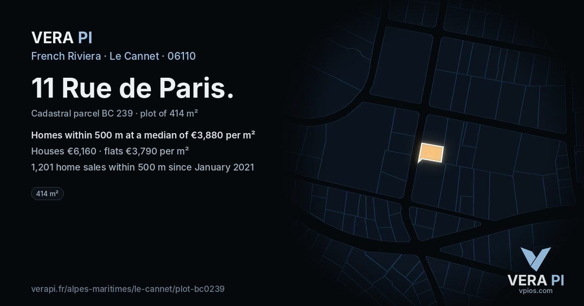 11 Rue de Paris, Le Cannet at night – the plot lit, the parcels around coloured by the prices near them