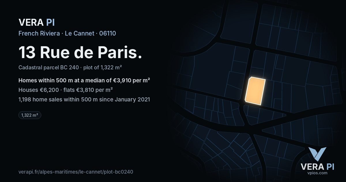 13 Rue de Paris, Le Cannet at night – the plot lit, the parcels around coloured by the prices near them