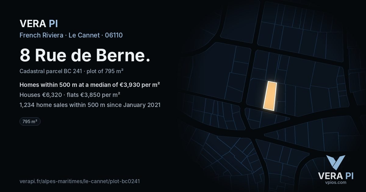 8 Rue de Berne, Le Cannet at night – the plot lit, the parcels around coloured by the prices near them