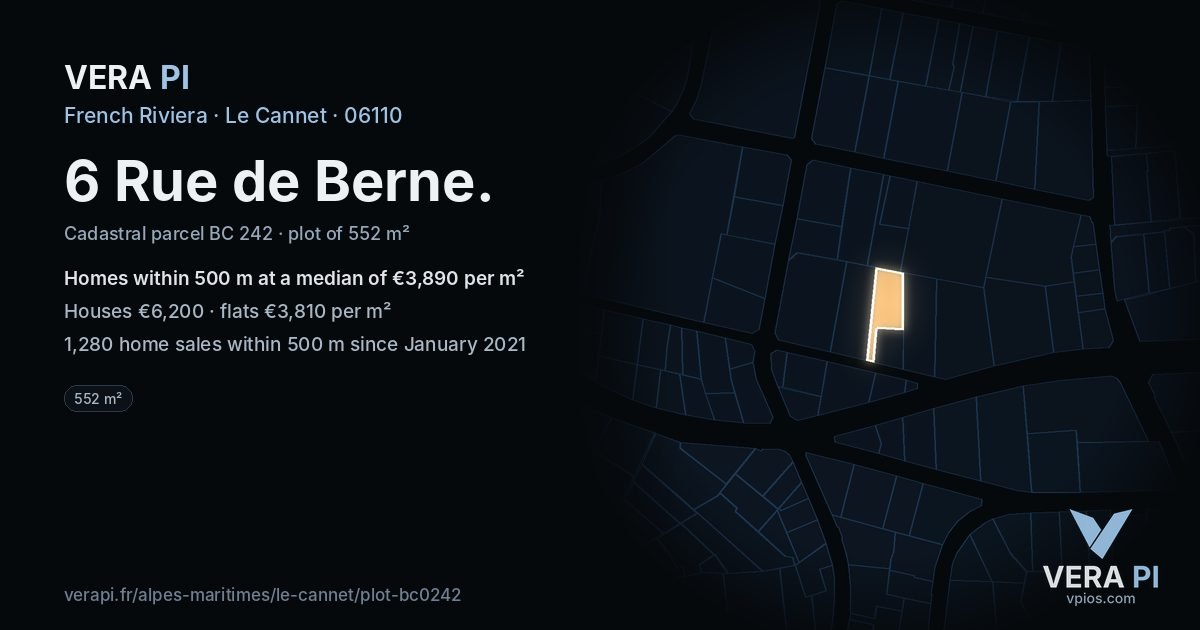 6 Rue de Berne, Le Cannet at night – the plot lit, the parcels around coloured by the prices near them