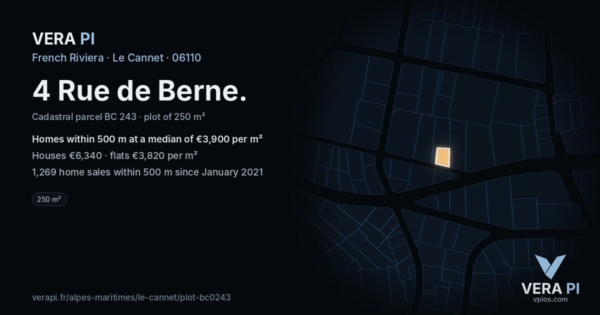 4 Rue de Berne, Le Cannet at night – the plot lit, the parcels around coloured by the prices near them