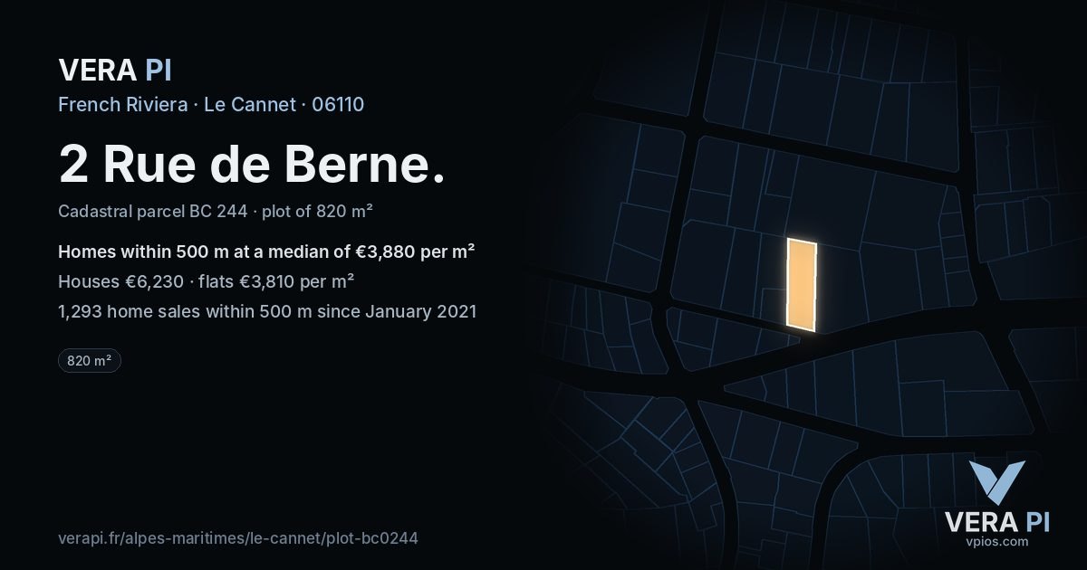2 Rue de Berne, Le Cannet at night – the plot lit, the parcels around coloured by the prices near them