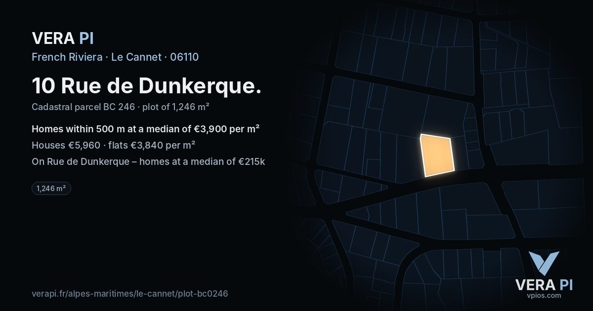 10 Rue de Dunkerque, Le Cannet at night – the plot lit, the parcels around coloured by the prices near them