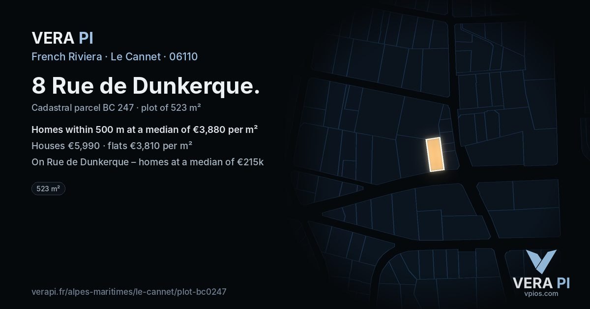 8 Rue de Dunkerque, Le Cannet at night – the plot lit, the parcels around coloured by the prices near them