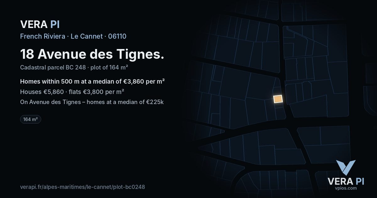 18 Avenue des Tignes, Le Cannet at night – the plot lit, the parcels around coloured by the prices near them