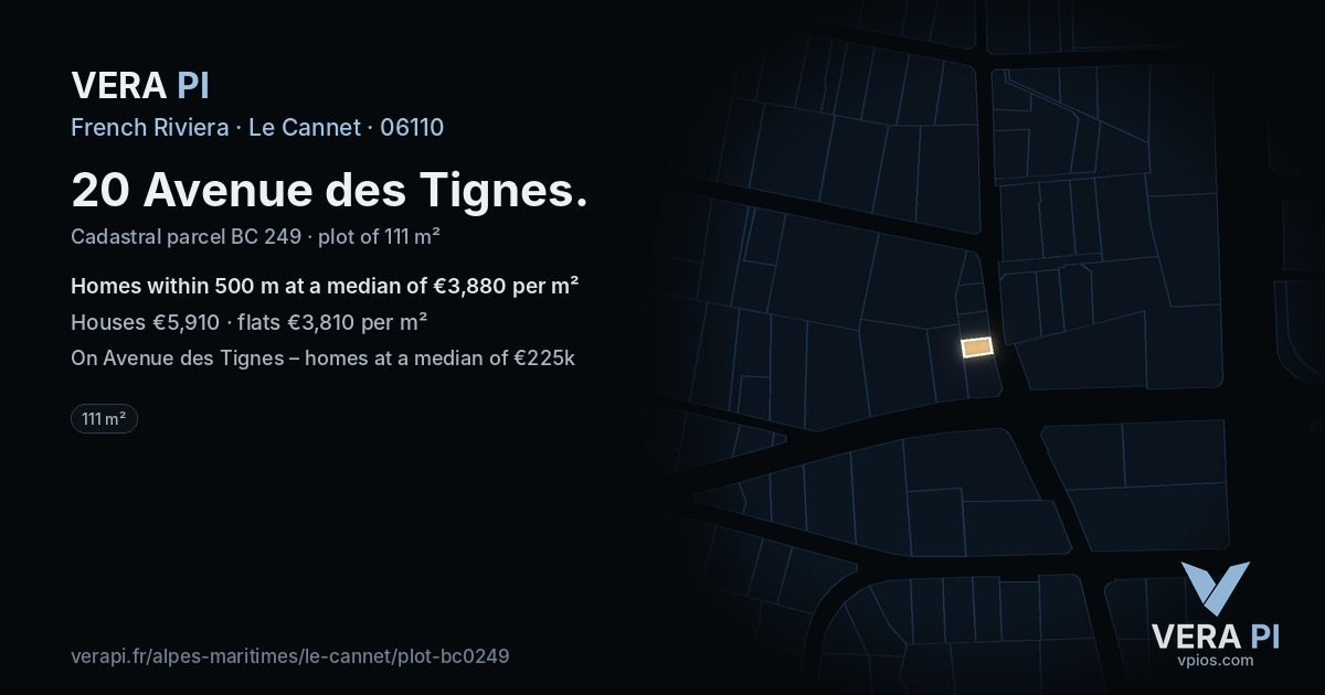 20 Avenue des Tignes, Le Cannet at night – the plot lit, the parcels around coloured by the prices near them