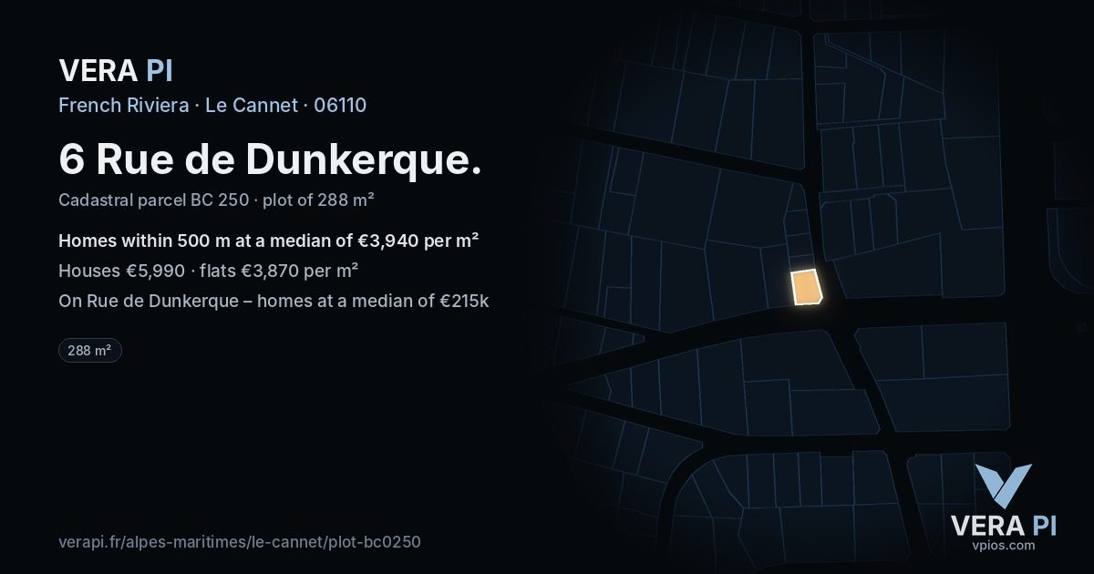 6 Rue de Dunkerque, Le Cannet at night – the plot lit, the parcels around coloured by the prices near them