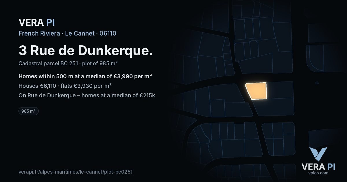 3 Rue de Dunkerque, Le Cannet at night – the plot lit, the parcels around coloured by the prices near them