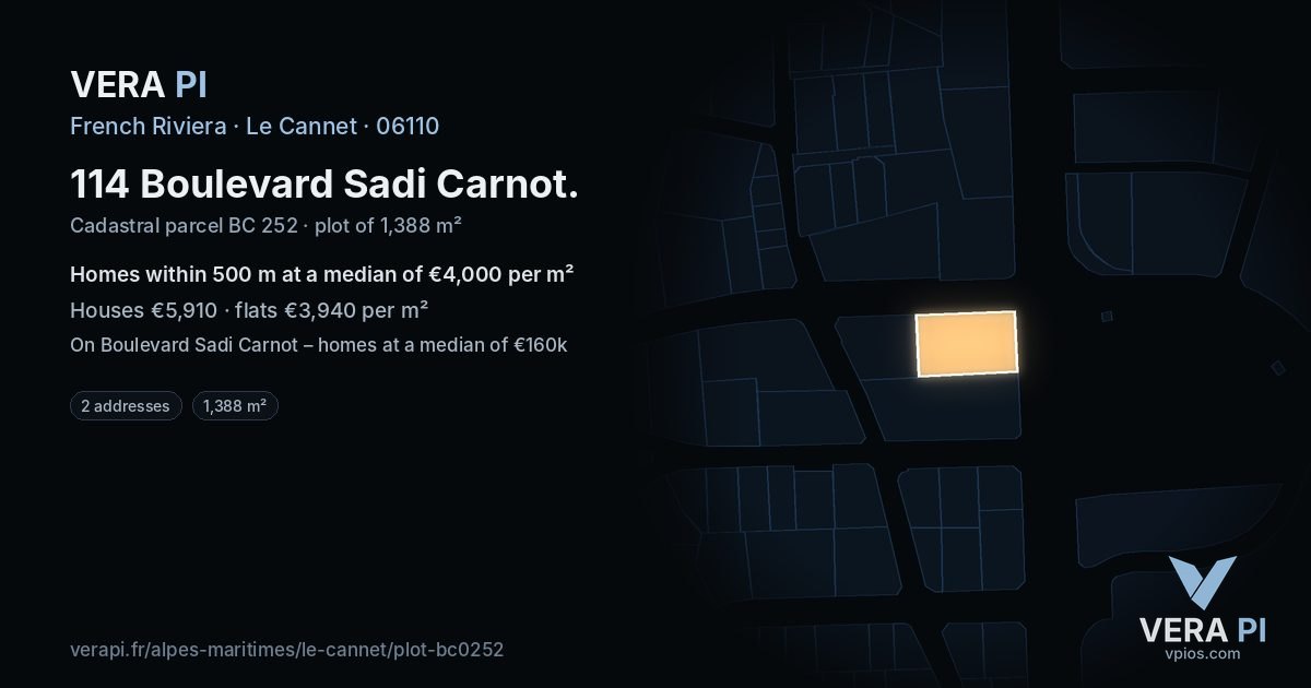 114 Boulevard Sadi Carnot, Le Cannet at night – the plot lit, the parcels around coloured by the prices near them