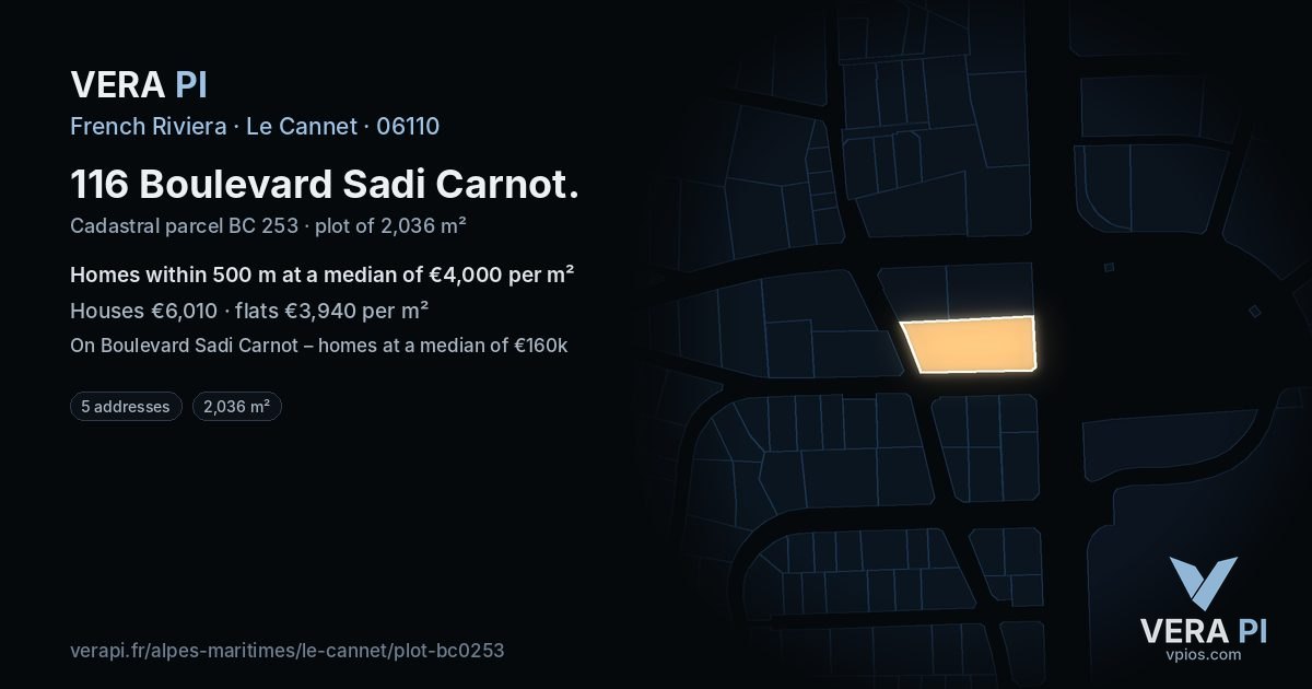 116 Boulevard Sadi Carnot, Le Cannet at night – the plot lit, the parcels around coloured by the prices near them