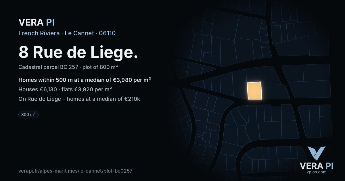 8 Rue de Liege, Le Cannet at night – the plot lit, the parcels around coloured by the prices near them