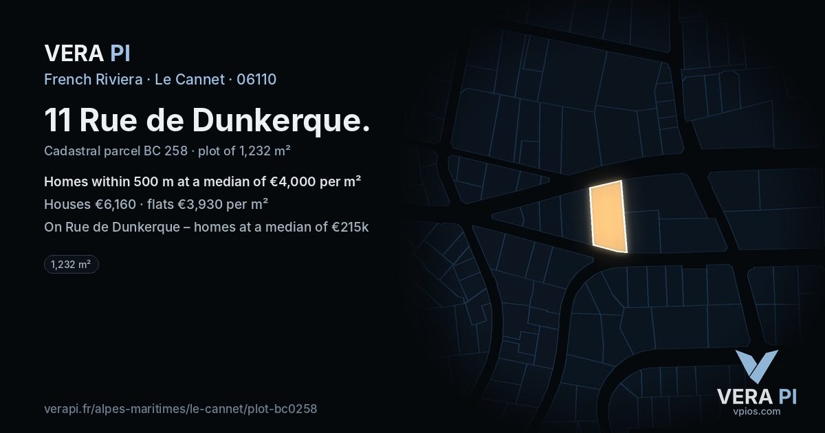 11 Rue de Dunkerque, Le Cannet at night – the plot lit, the parcels around coloured by the prices near them