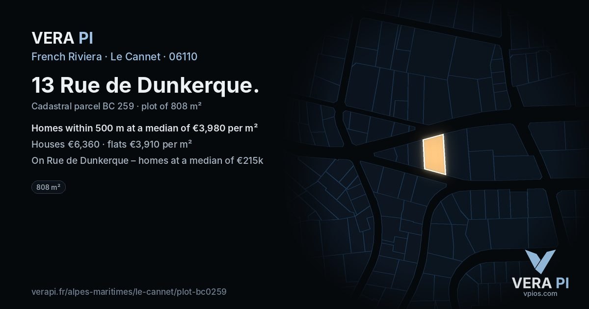 13 Rue de Dunkerque, Le Cannet at night – the plot lit, the parcels around coloured by the prices near them