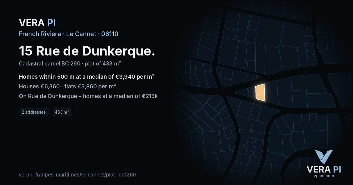 15 Rue de Dunkerque, Le Cannet at night – the plot lit, the parcels around coloured by the prices near them