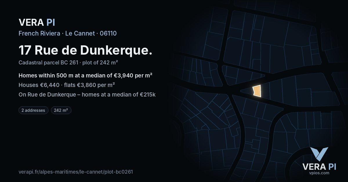 17 Rue de Dunkerque, Le Cannet at night – the plot lit, the parcels around coloured by the prices near them