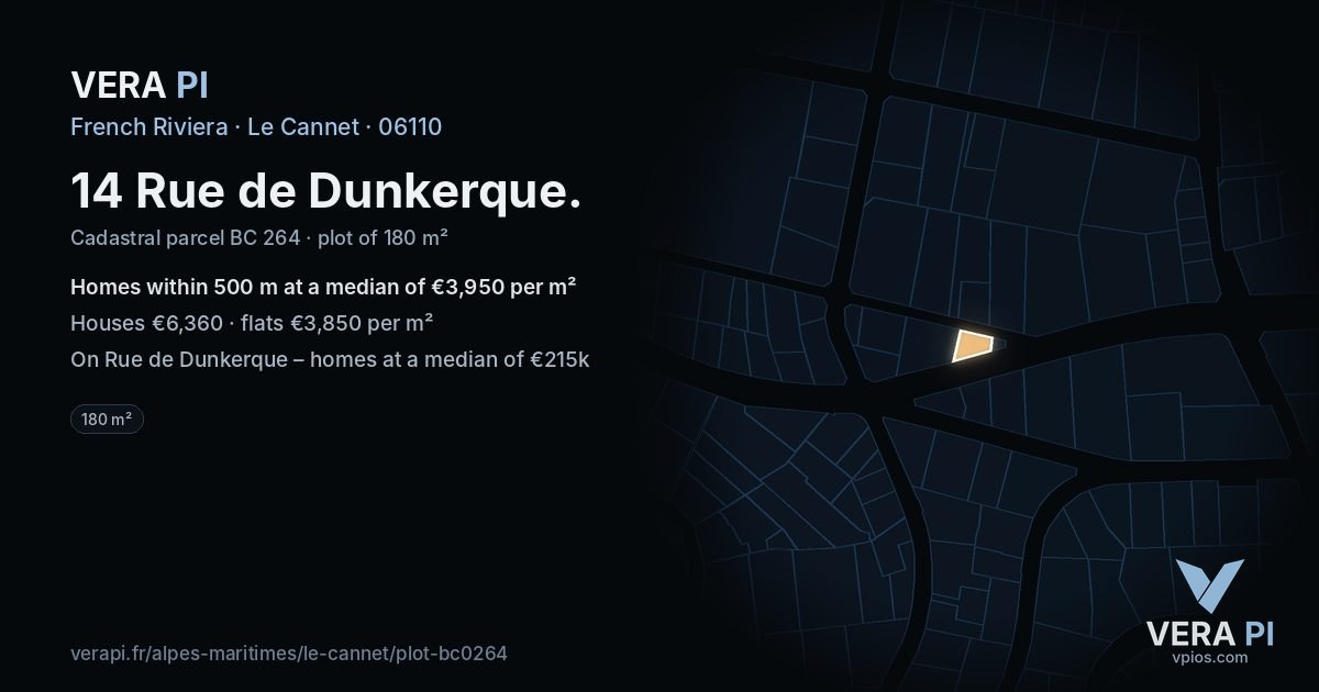 14 Rue de Dunkerque, Le Cannet at night – the plot lit, the parcels around coloured by the prices near them
