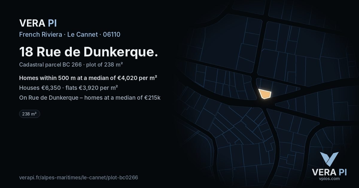 18 Rue de Dunkerque, Le Cannet at night – the plot lit, the parcels around coloured by the prices near them