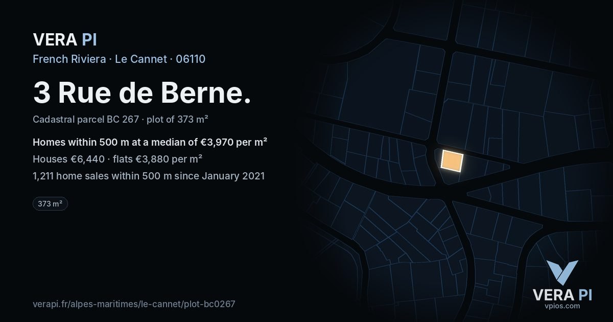 3 Rue de Berne, Le Cannet at night – the plot lit, the parcels around coloured by the prices near them