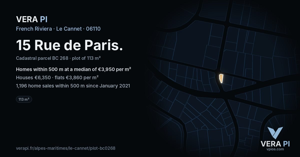 15 Rue de Paris, Le Cannet at night – the plot lit, the parcels around coloured by the prices near them