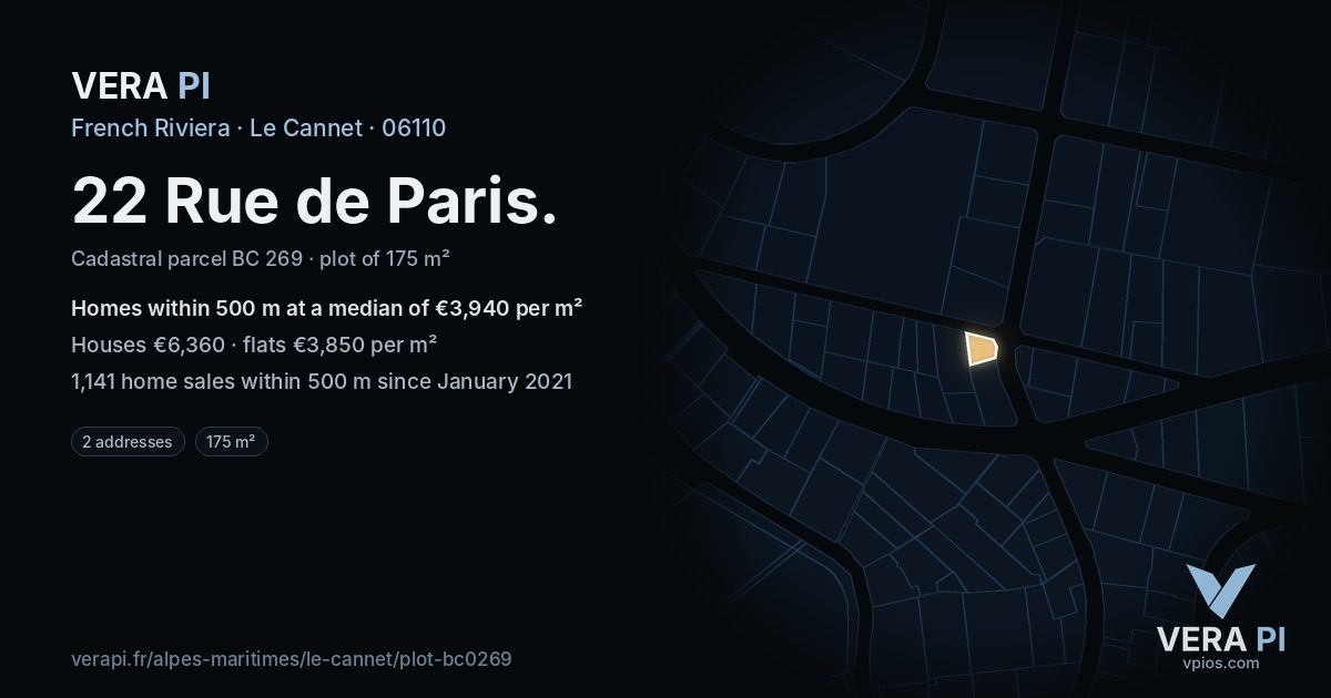 22 Rue de Paris, Le Cannet at night – the plot lit, the parcels around coloured by the prices near them