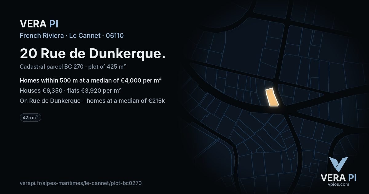 20 Rue de Dunkerque, Le Cannet at night – the plot lit, the parcels around coloured by the prices near them