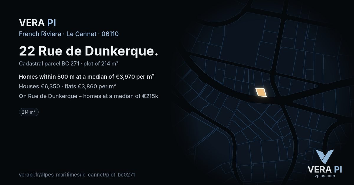 22 Rue de Dunkerque, Le Cannet at night – the plot lit, the parcels around coloured by the prices near them