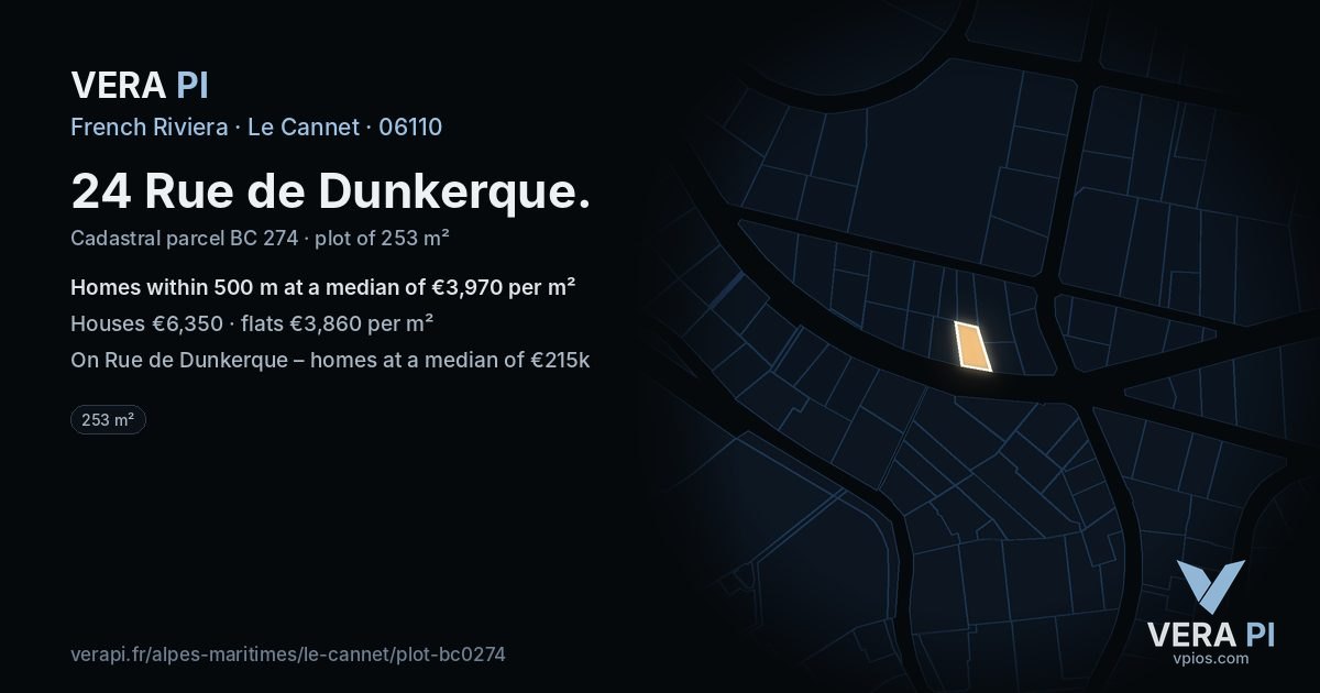 24 Rue de Dunkerque, Le Cannet at night – the plot lit, the parcels around coloured by the prices near them