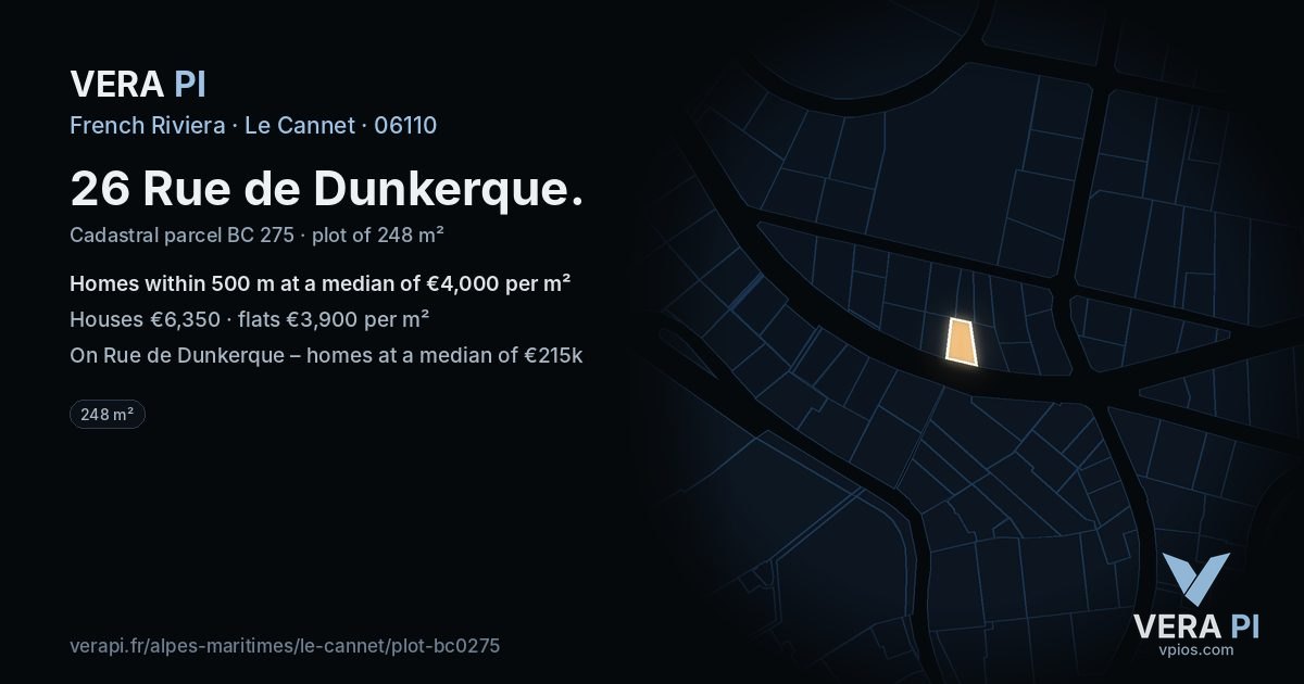 26 Rue de Dunkerque, Le Cannet at night – the plot lit, the parcels around coloured by the prices near them