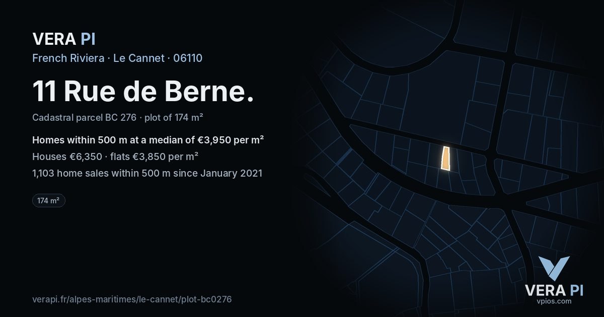 11 Rue de Berne, Le Cannet at night – the plot lit, the parcels around coloured by the prices near them